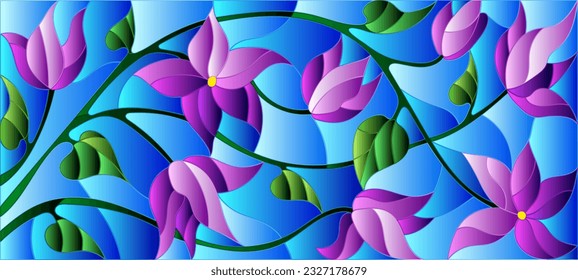 An illustration in the style of a stained glass window with purple intertwined flowers on a blue sky background