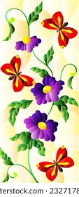 An illustration in the style of a stained glass window with bright purple flowers and red butterflies on a yellow background