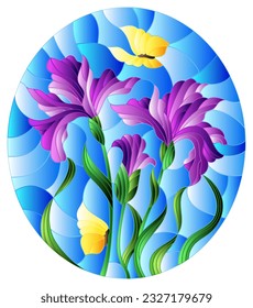 Illustration in the style of a stained glass window with purple iris flowers on a blue sky background, oval image