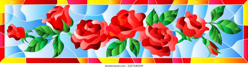 An illustration in the style of a stained glass window with bright red rose flowers on a blue sky background , in a bright frame