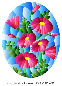 An illustration in the style of a stained glass window with a bouquet of pink daisy flowers on a blue sky background, oval image