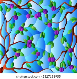 An illustration in the style of a stained glass window with intertwined branches of a plum tree on a blue sky background