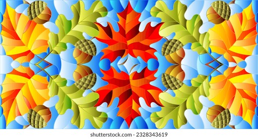 An illustration in the style of a stained glass window with autumn leaves of trees on a blue sky background