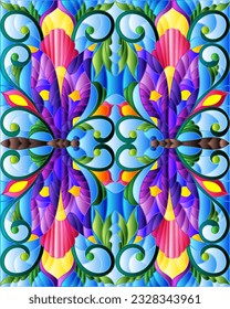An illustration in the style of a stained glass window with bright dragonflies and flowers on a blue sky background