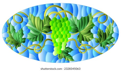 Illustration in the style of a stained glass window with bunches of ripe grapes on a blue sky background
