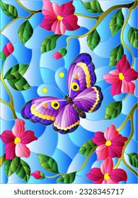 Una ilustración al estilo de una vidriera con una mariposa brillante y flores rosas sobre un fondo azul del cielo