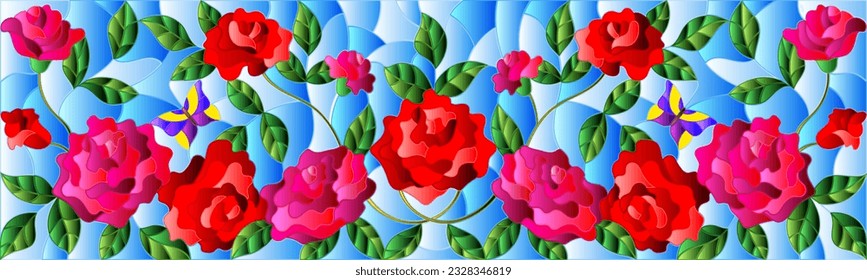 An illustration in the style of a stained glass window with bright rose flowers and butterflies on a blue sky background