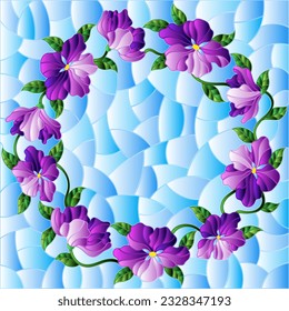 An illustration in the style of a stained glass window with bright purple flowers in the shape of a wreath on a blue sky background