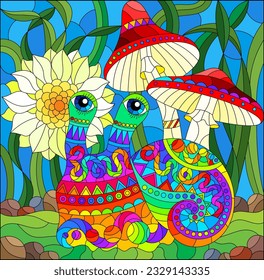 An illustration in the style of a stained glass window with a bright abstract snail on a background of flowers, herbs and mushrooms