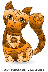 An illustration in the style of a stained glass window with a cartoon kitten, the animal is isolated on a white background, tone brown