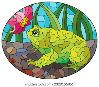 An illustration in the style of a stained glass window with a toad on a stump and narcissus flower and blue sky background