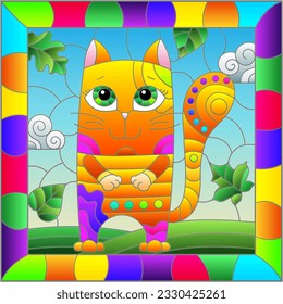 An illustration in the style of a stained glass window with bright cartoon cat on a background of blue sky and leaves in a bright frame