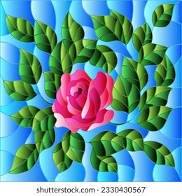 An illustration in the style of a stained glass window with a bright pink rose on a blue sky background