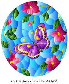 An illustration in the style of a stained glass window with bright butterfly flowers on a blue sky background, oval image