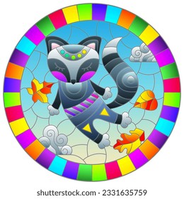 An illustration in the style of a stained glass window with bright cartoon fox on a background of blue sky and leaves in a bright frame, round image