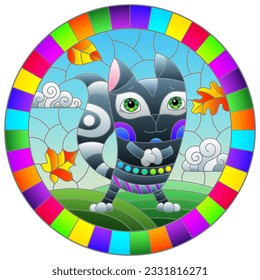 An illustration in the style of a stained glass window with bright cartoon fox on a background of blue sky and leaves in a bright frame, round image