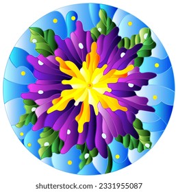 Illustration in the style of a stained glass window with a bright purple flower on a blue sky background, round image
