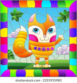 An illustration in the style of a stained glass window with bright cartoon fox on a background of blue sky and leaves in a bright frame
