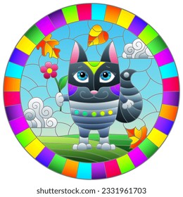 An illustration in the style of a stained glass window with bright cartoon fox on a background of blue sky and leaves in a bright frame, round image