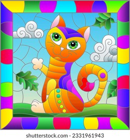 An illustration in the style of a stained glass window with bright cartoon cat on a background of blue sky and leaves in a bright frame