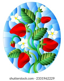 An illustration in the style of a stained glass window with a bush of ripe strawberries with berries , flowers and leaves on a blue sky background