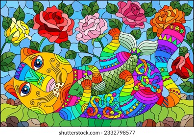 An illustration in the style of a stained glass window with a bright cartoon cat with fish on a background of grass, roses and blue sky