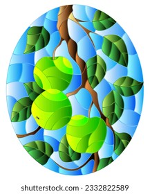 Illustration in the style of a stained glass window with the branches of Apple trees , the fruit branches and leaves against the sky, oval image in bright frame