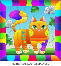 An illustration in the style of a stained glass window with bright cartoon cat on a background of blue sky and leaves in a bright frame