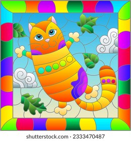 An illustration in the style of a stained glass window with bright cartoon cat on a background of blue sky and leaves in a bright frame