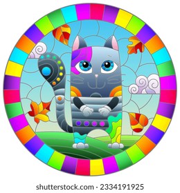 An illustration in the style of a stained glass window with bright cartoon cat on a background of blue sky and leaves in a bright frame