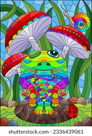 An illustration in the style of a stained glass window with a bright cartoon frog on a stone against a background of fly agarics, grass and blue sky