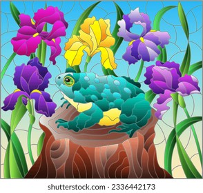 An illustration in the style of a stained glass window with a toad on a stump surrounded by colorful irises and blue sky