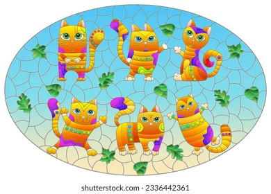 An illustration in the style of a stained glass window with bright cartoon cats on a background of blue sky and leaves in a bright frame