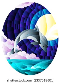 Illustration in the style of a stained glass window with dolphins on the background of the night sky and the sea, oval image