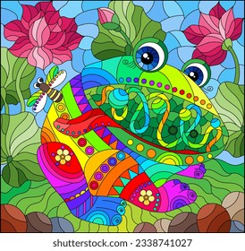 An illustration in the style of a stained glass window with a bright cartoon frog on a stone against a background of lotus, grass and blue sky