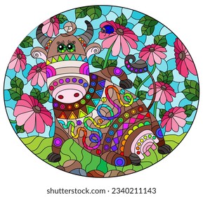 An illustration in the style of a stained glass window with a cute cartoon cow on the background of a meadow, chamomile flowers and a blue sky