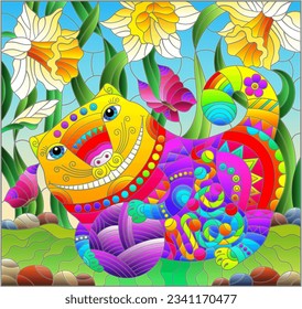 An illustration in the style of a stained glass window with a bright cartoon cat on a background of grass, narcissus and blue sky