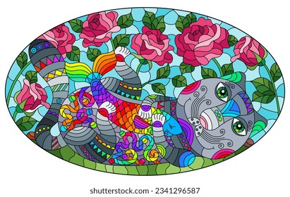 An illustration in the style of a stained glass window with a bright cartoon cat with fish on a background of grass, roses and blue sky, oval image 