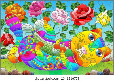 An illustration in the style of a stained glass window with a bright cartoon cat with fish on a background of grass, roses and blue sky