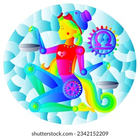 Illustration in the style of a stained glass window with an illustration of the steam punk sign of the horoscope Libra, oval image