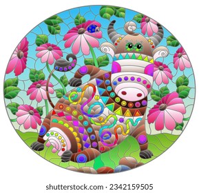 An illustration in the style of a stained glass window with a cute cartoon cow on the background of a meadow, chamomile flowers and a blue sky