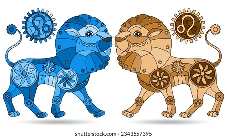 Illustration in the style of a stained glass window with a set of zodiac signs  leo, figures isolated on a white background, tone blue and brown