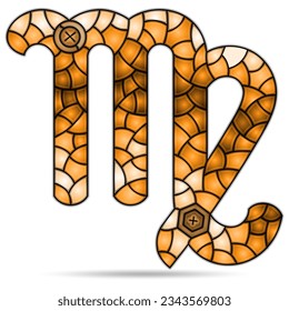 Illustration in the style of a stained glass window with the zodiac sign virgo, a figure isolated on a white background, tone brown