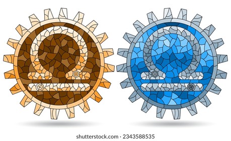 Illustration in the style of a stained glass window with a set of zodiac signs Libra, figures isolated on a white background, tone blue and brown