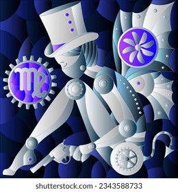 Illustration in the style of a stained glass window with an illustration of the steam punk sign of the horoscope Virgo