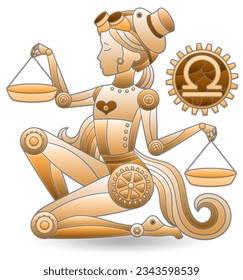 Illustration in the style of a stained glass window with a zodiac sign Libra, figure isolated on a white backgroun, tone brown