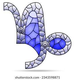 Illustration in the style of a stained glass window with the zodiac sign Capricorn, the symbol is isolated on a white background, tone blue