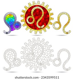 Illustration in the style of a stained glass window with a set of zodiac signs  leo, figures isolated on a white background