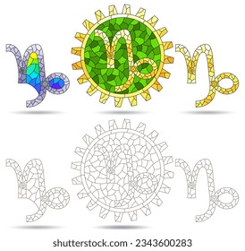 Illustration in the style of a stained glass window with a set of zodiac signs Capricorn, figures isolated on a white background