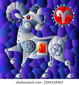 Illustration in the style of a stained glass window with an illustration of the steam punk sign of the horoscope aries